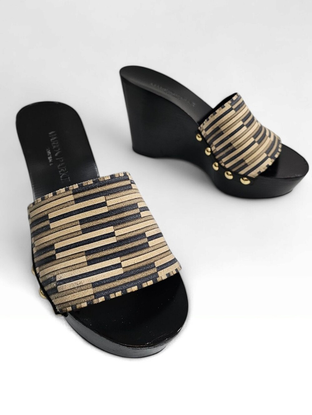 MARION PARKE Beige Navy Geometric Nubuck Leather Wooden Wedge Clogs Sandals 36/6